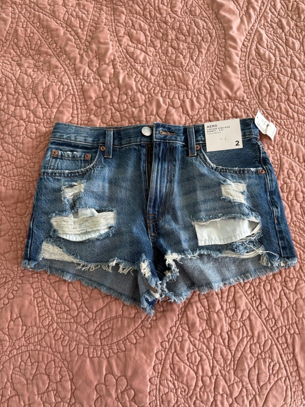 High-Rise Distressed Denim Shorts in Blue